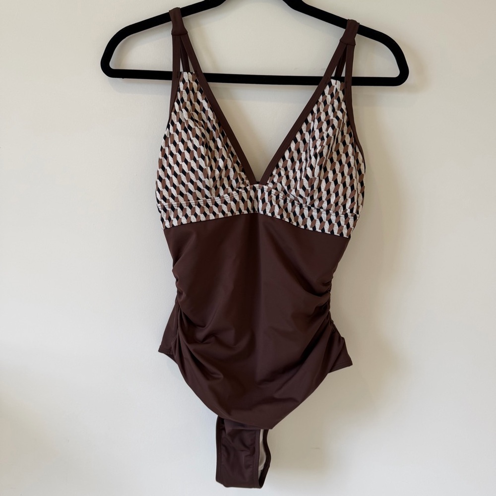 Cupshe One-Piece Swimsuit with Ruched Waist Geometric Print Brown Size M NWT